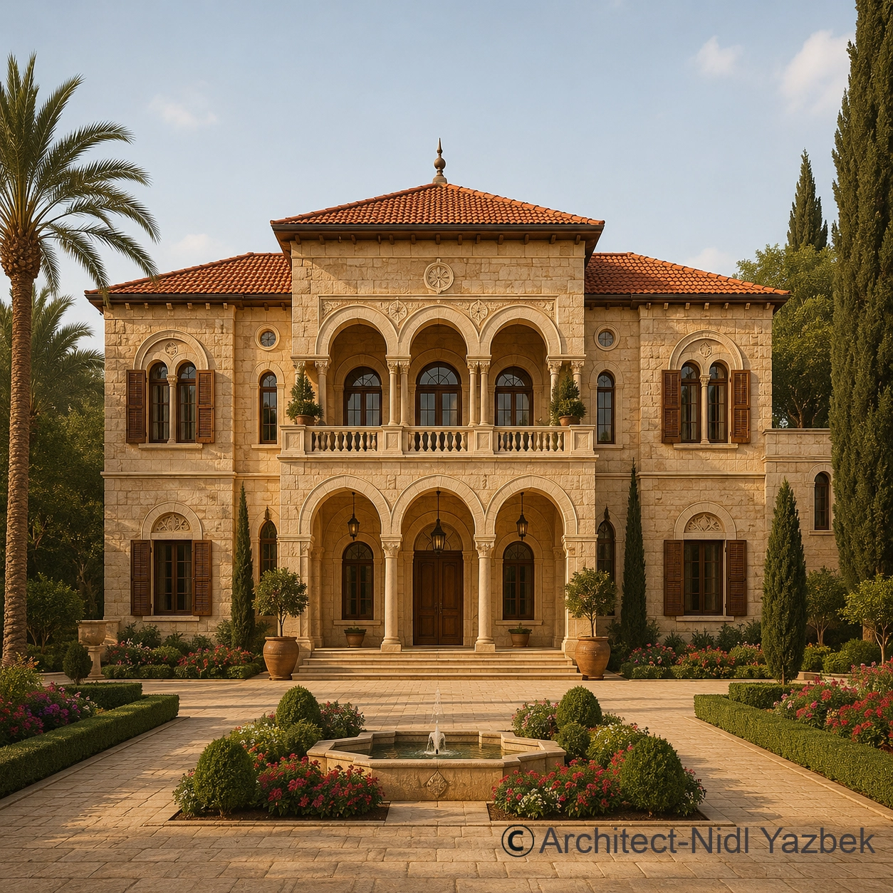 Levantine Stone Villa heritage architecture rendering showing a warm natural stone facade, red clay roof tiles, arched balcony, wooden shutters, formal garden, fountain, palm trees, and timeless traditional residence character