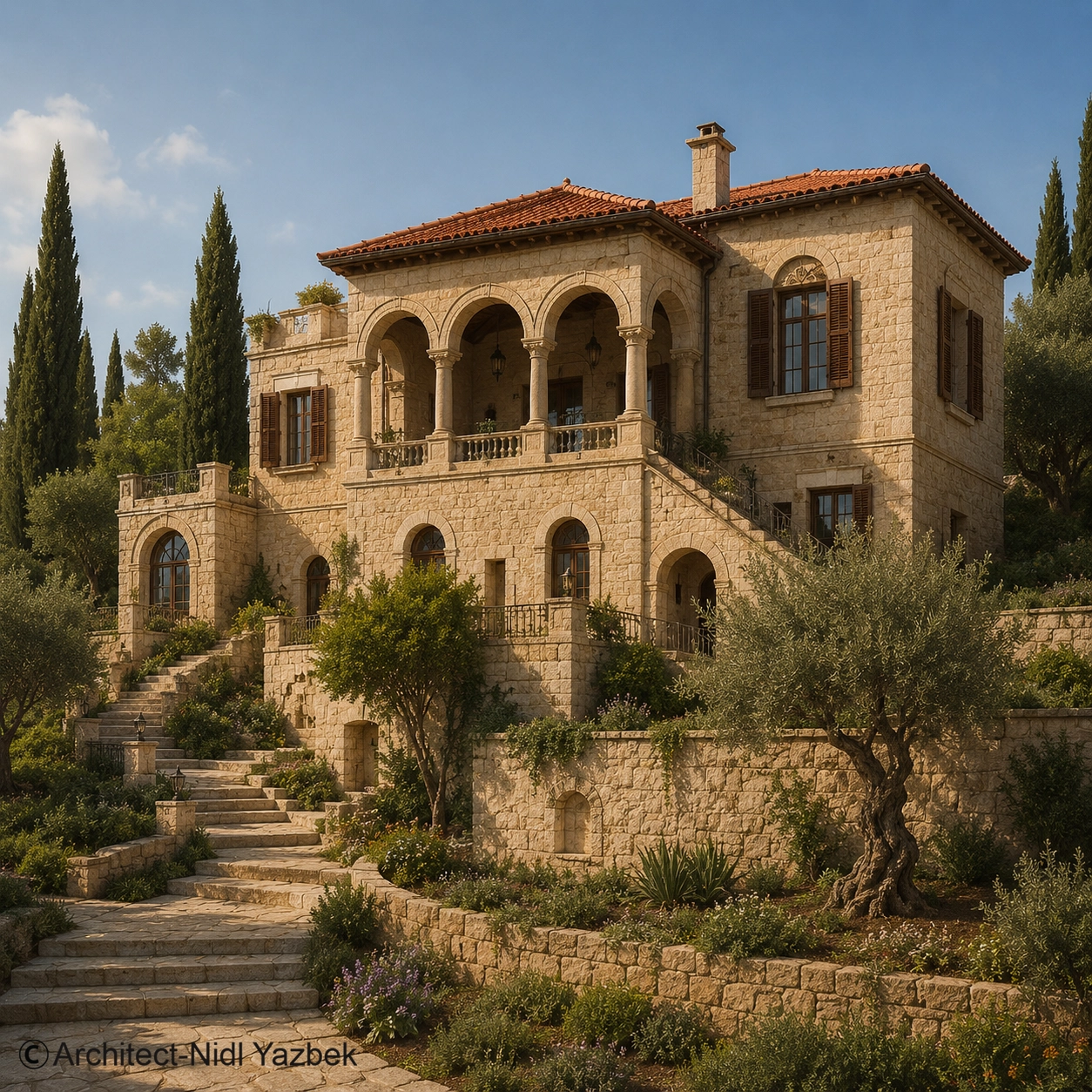 Hillside Arched Residence heritage architecture rendering showing a natural stone villa on a landscaped slope with arched balconies, red clay roof, wooden shutters, olive trees, cypress trees, and traditional garden atmosphere