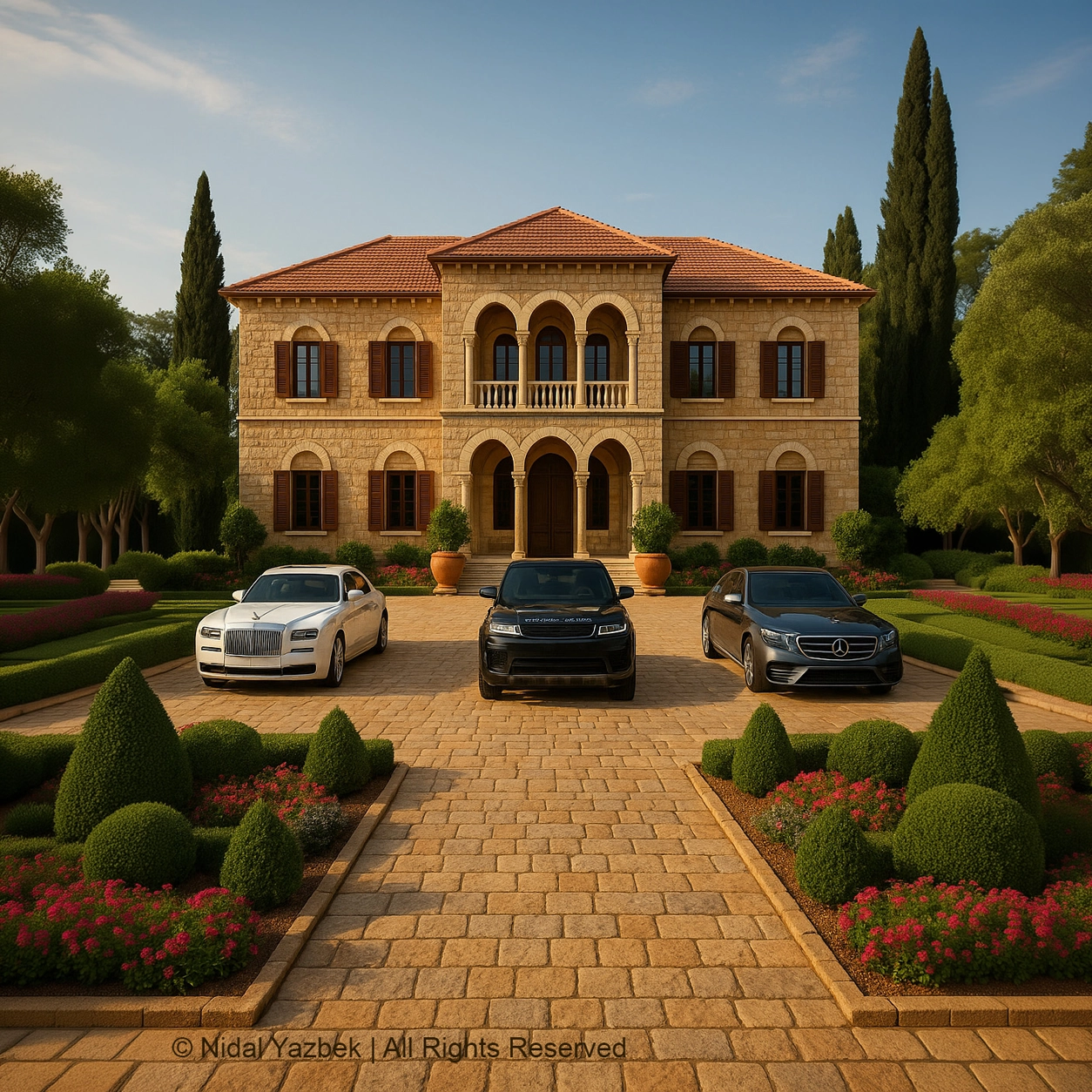Heritage Arrival Court rendering showing a traditional stone villa with arched entrance, red clay roof, formal driveway, luxury cars, trimmed gardens, fountains, cypress trees, and refined residential arrival character