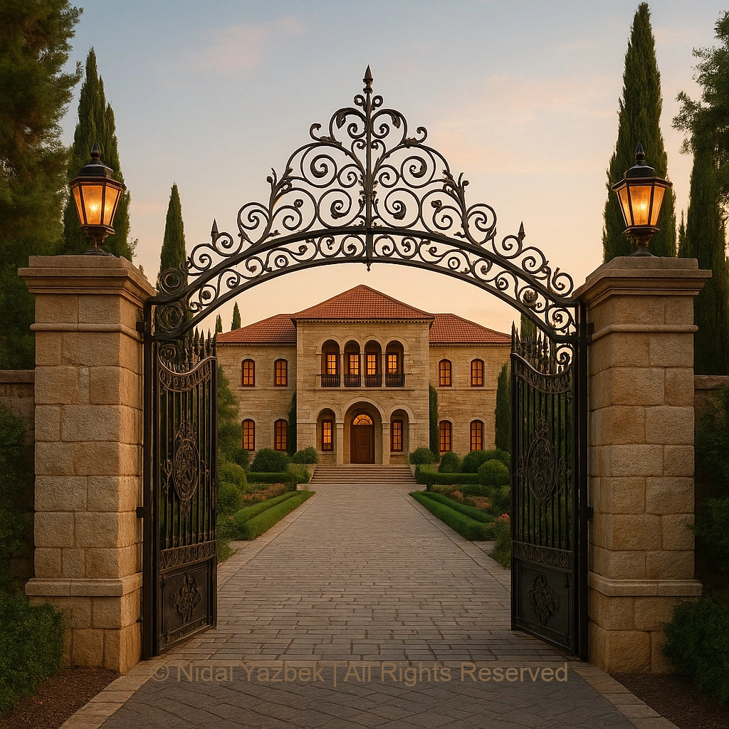 Ornate Heritage Gate rendering showing a traditional stone entrance gate with decorative wrought iron arch, lanterns, garden walkway, cypress trees, and a heritage villa framed in the background