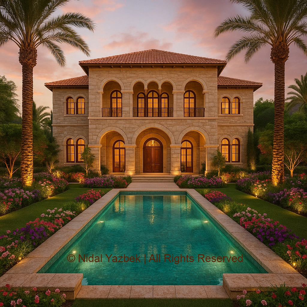 Garden Pool Heritage Villa rendering showing a traditional stone residence with arched windows, clay roof tiles, palm trees, landscaped flower gardens, swimming pool, evening lighting, and warm residential atmosphere