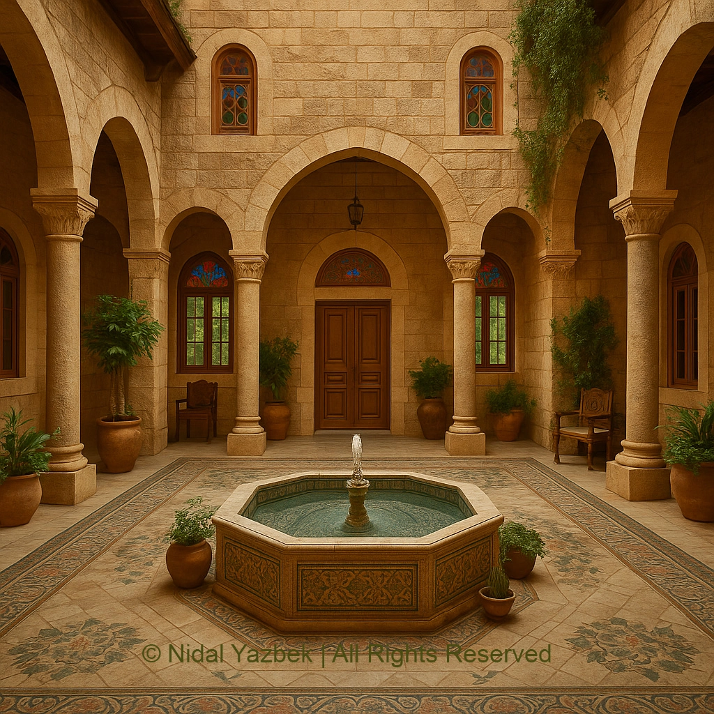 Courtyard Fountain House heritage architecture rendering showing an interior stone courtyard with arches, central fountain, patterned floor, wooden doors, stained glass windows, plants, and warm traditional atmosphere