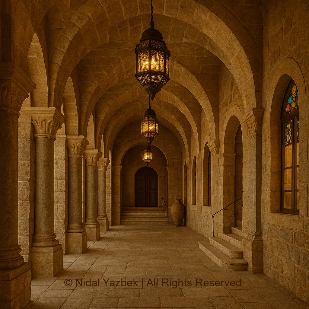 Vaulted Lantern Corridor heritage architecture rendering showing a warm stone interior passage with repeated arches, carved columns, hanging lanterns, stained glass windows, wooden door, and golden historic atmosphere