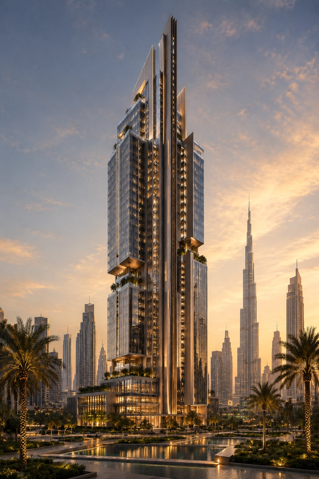 Aureon Sky Residence luxury residential tower concept showing stacked sky terraces, glass facade, warm lighting, landscaped balconies, and premium Dubai skyline atmosphere