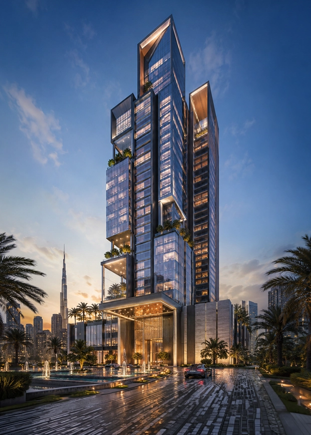 Aurum Edge Tower luxury Dubai tower concept showing sharp glass architecture, golden edge lighting, premium podium entrance, palm landscape, and buildable skyline presence