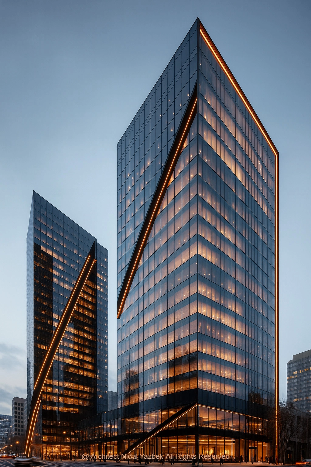 Obsidian Line Tower luxury glass tower concept showing black reflective facade, sharp illuminated diagonal lines, premium podium base, and modern business skyline identity