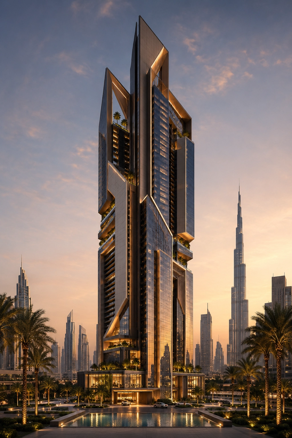 Signature Luxury Towers by Nidal Yazbek showing a premium glass tower concept with sharp architectural lines, cinematic lighting, refined facade detail, and luxury skyline identity