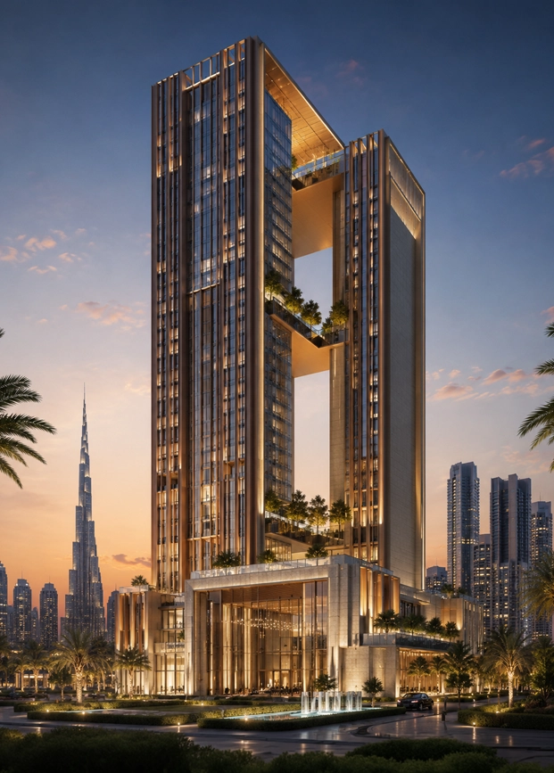 Aurum Skybridge Tower luxury mixed-use tower concept showing sharp vertical masses, golden lighting, elevated sky garden bridges, premium lobby podium, and Dubai skyline background