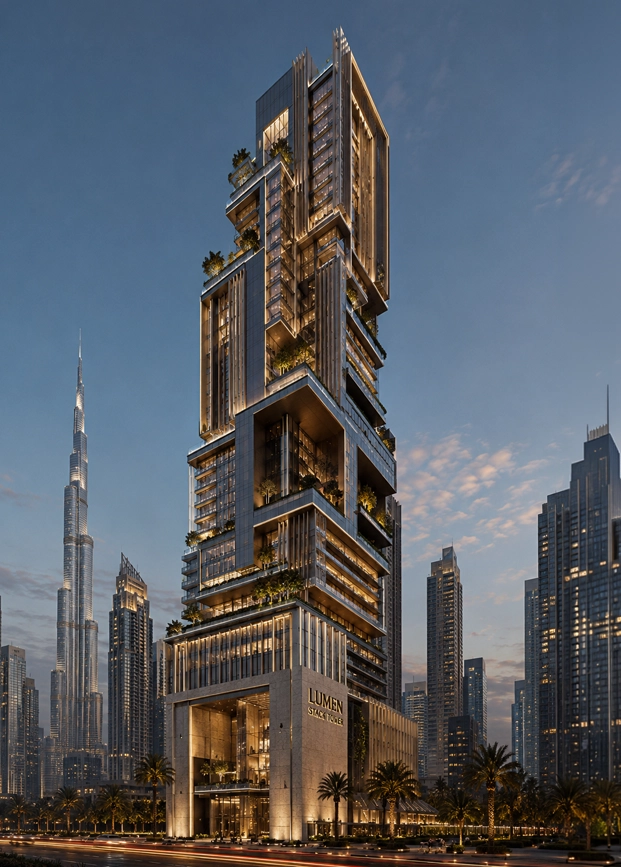 Lumen Stack Tower luxury skyscraper concept showing stacked architectural volumes, planted sky terraces, vertical facade fins, illuminated podium, and Dubai city skyline atmosphere