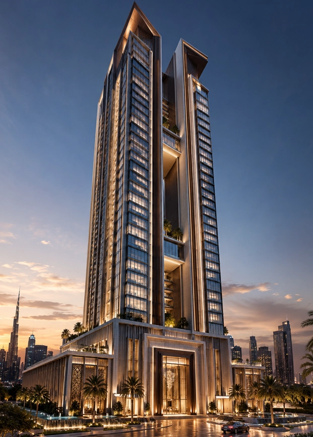 Elyon Signature Tower luxury Dubai tower concept showing stacked glass volumes, sharp crown detail, premium podium entrance, landscaped terraces, and cinematic evening lighting