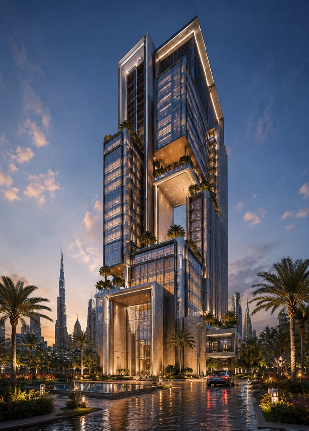 Skybridge Royale Tower luxury tower concept showing twin vertical volumes, elevated skybridge spaces, landscaped sky terraces, glass facade, and premium Dubai skyline setting