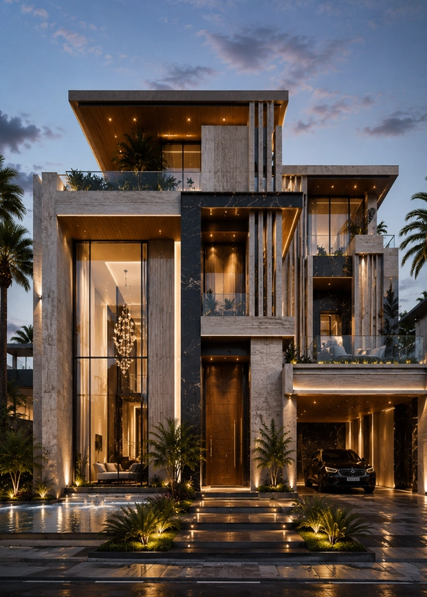 Signature Luxury Villas by Nidal Yazbek showing a cinematic modern villa with marble surfaces, palm landscape, water features, warm lighting, and premium Dubai lifestyle atmosphere