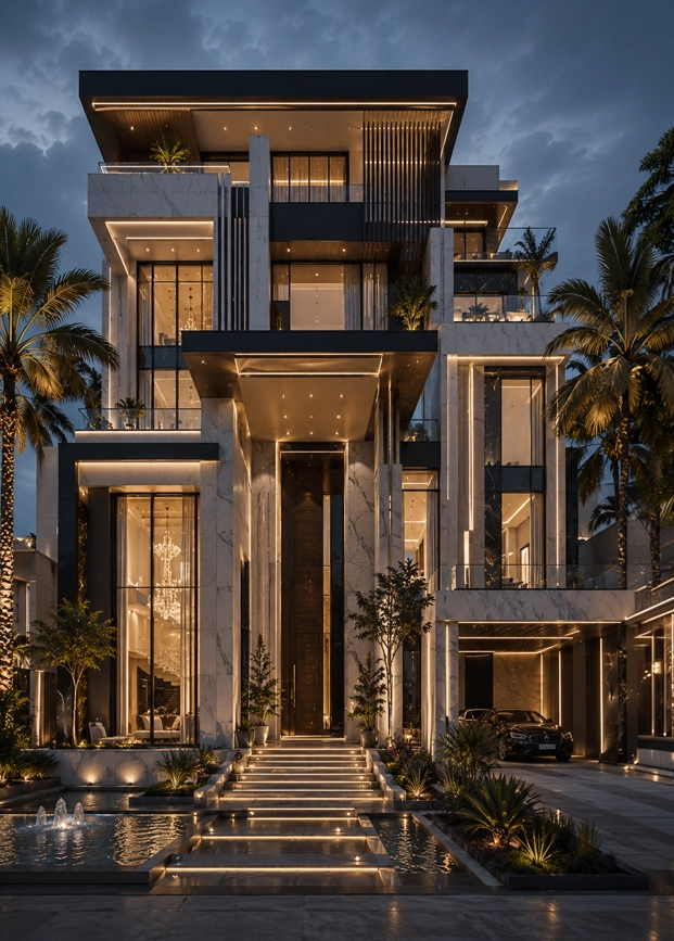 Palm Court Residence luxury villa concept showing tall stone entrance, warm wooden canopy, bronze glass, private landscape, water feature, palm trees, and refined golden hour atmosphere