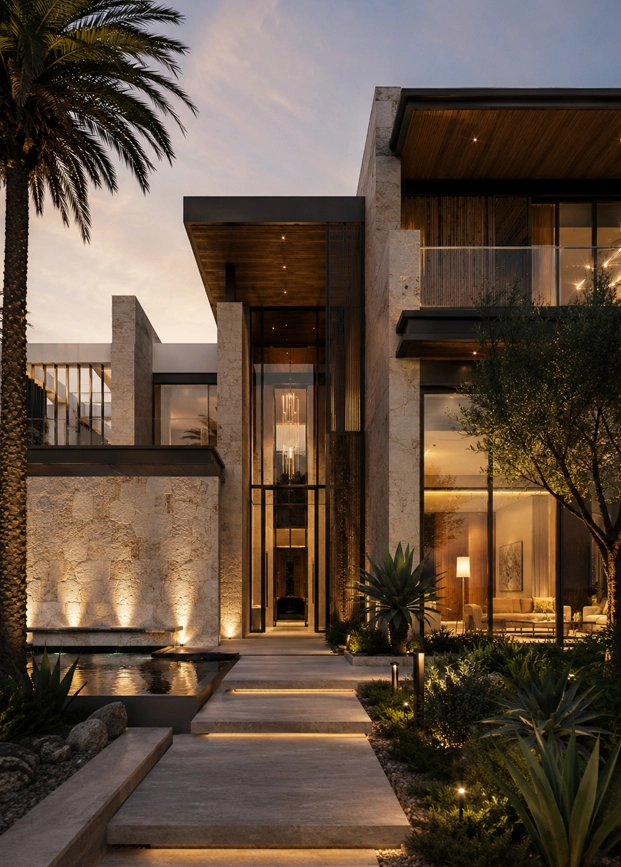 Stone Lantern Villa luxury residence showing textured stone walls, tall glass entrance, warm interior chandelier glow, water court, desert planting, palm landscape, and intimate evening lighting