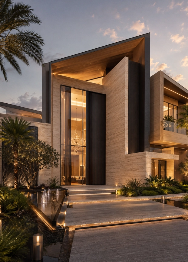 Grand Atrium Villa luxury modern residence showing a high central glass atrium, marble and stone facade, water pool, illuminated entrance steps, palm landscape, and refined residential courtyard