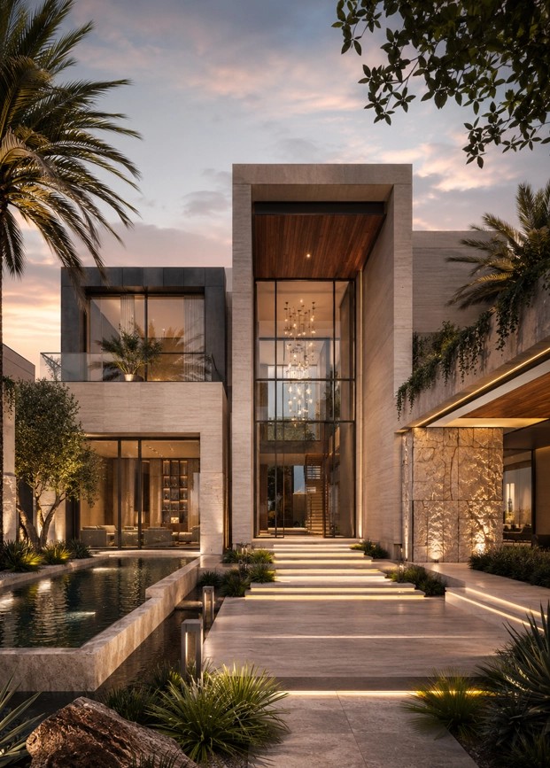 Waterline Courtyard Villa luxury residence showing long illuminated walkway, stone facade, glass living spaces, water channel, palms, garden lighting, and elegant private Dubai villa atmosphere