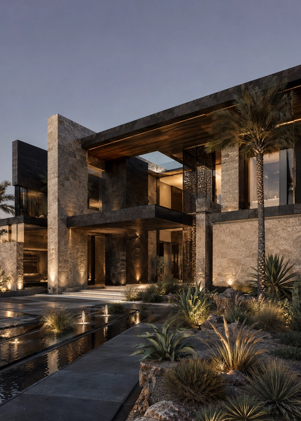 Desert Shadow Villa luxury residence showing dark stone and light stone volumes, deep shaded terraces, bronze screens, desert planting, water reflections, palm trees, and cinematic dusk lighting