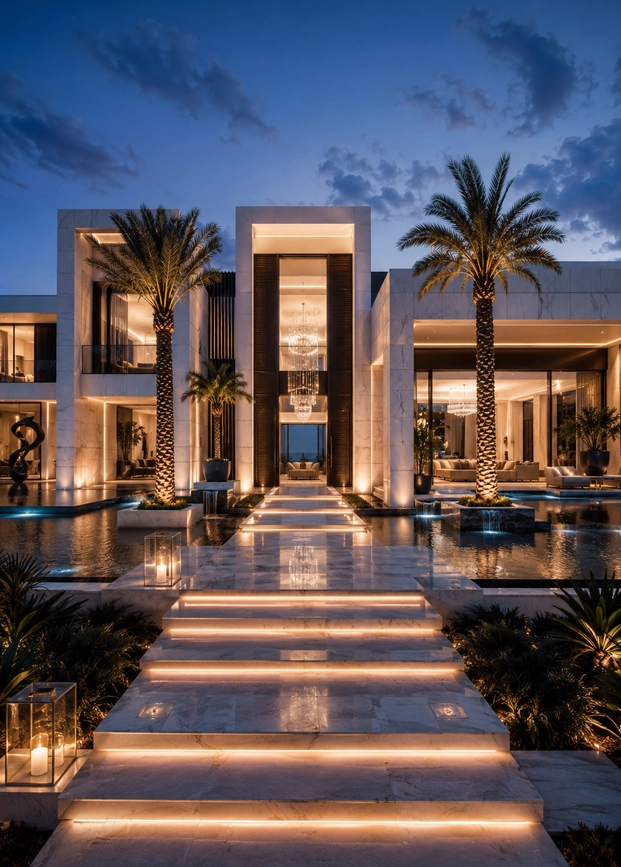 Aurelia Signature Villa luxury Dubai residence showing marble facade, grand illuminated entrance steps, palm trees, reflective water features, glass openings, warm interior lighting, and cinematic evening atmosphere