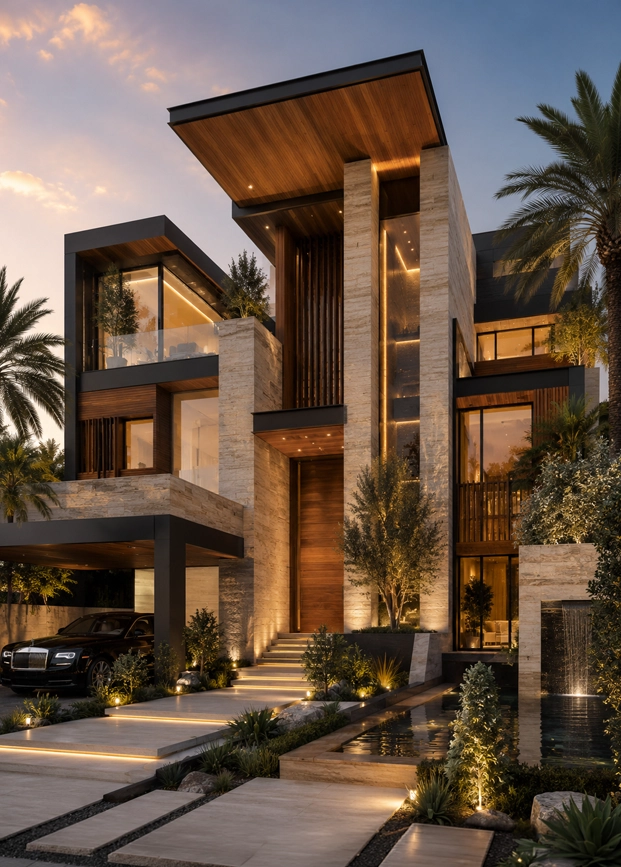 Travertine Crown Villa luxury residence showing natural stone facade, black accents, wood soffits, tall glass entrance, palm landscape, water features, and warm evening architectural lighting